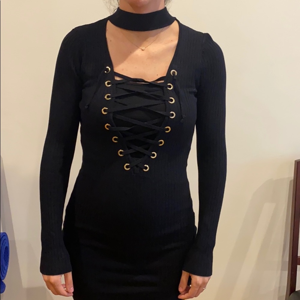 Black laceup front dress